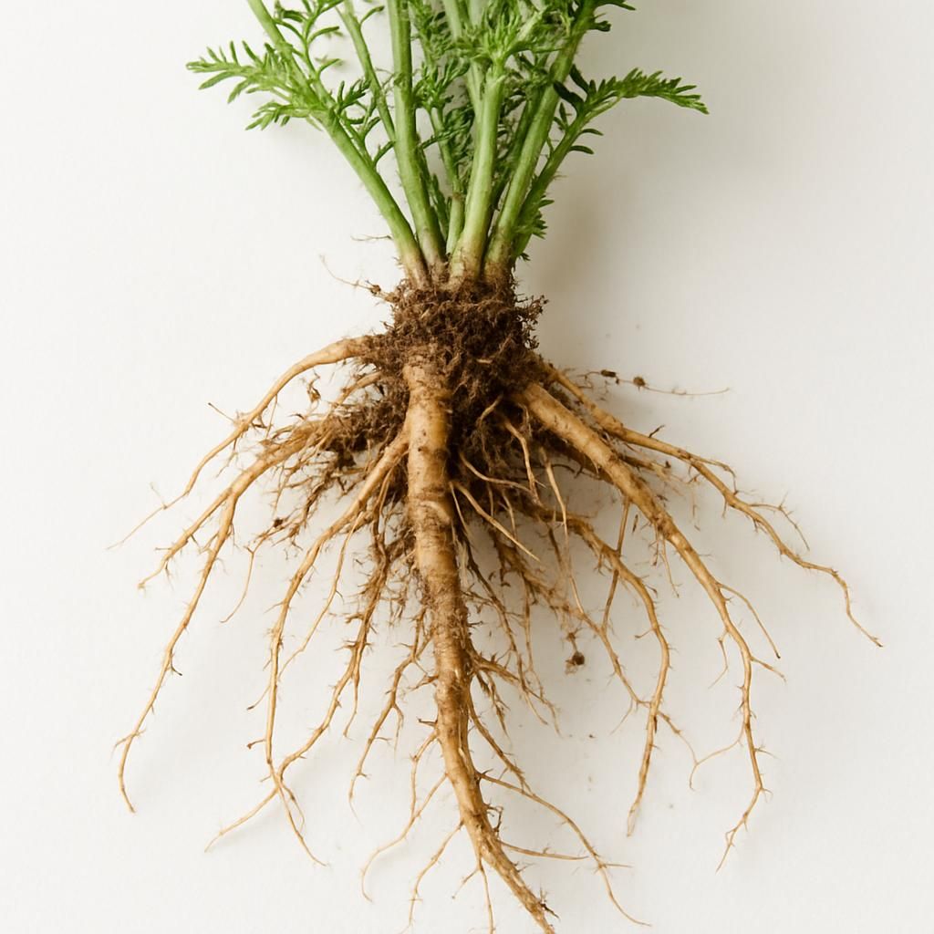 Freshly harvested yarrow roots showing dense fibrous rhizomes and taproot structure for medicinal crop guide