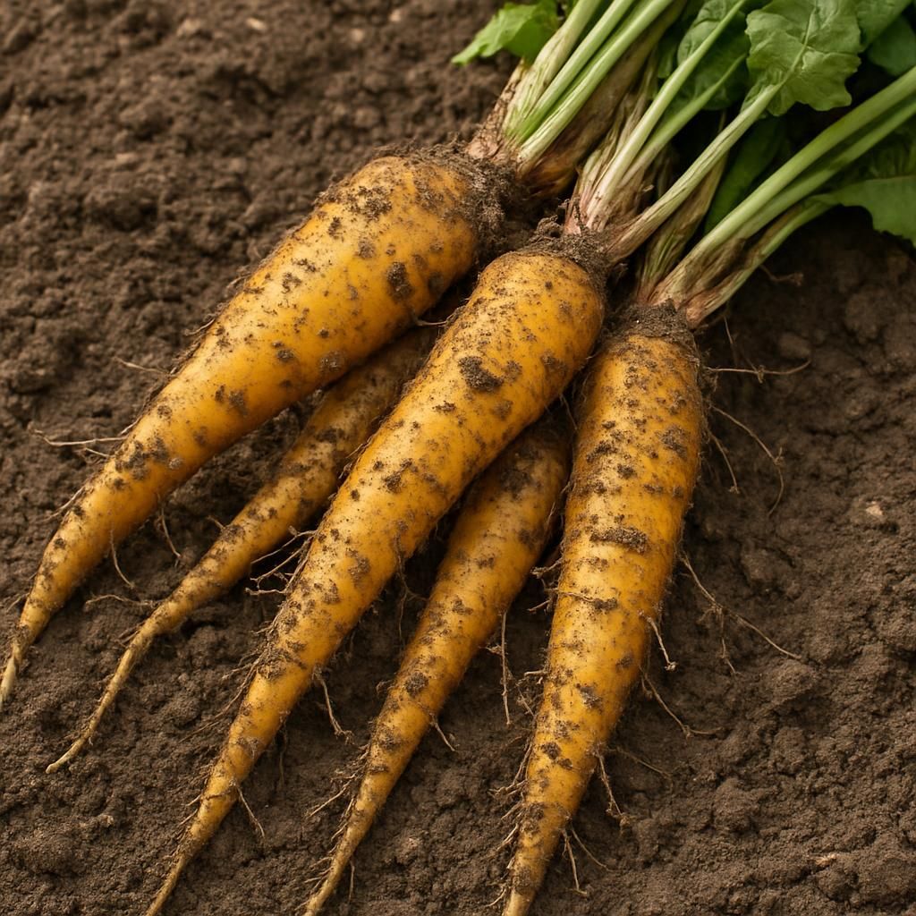 Freshly dug Yellow Dock Root taproots showing thick yellow-orange medicinal roots on soil background