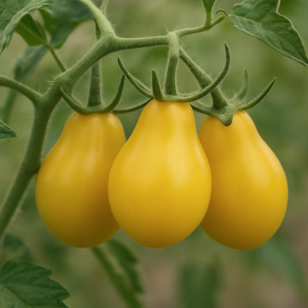Close-up of golden-yellow pear tomatoes on vine showing perfect shape and color for harvest