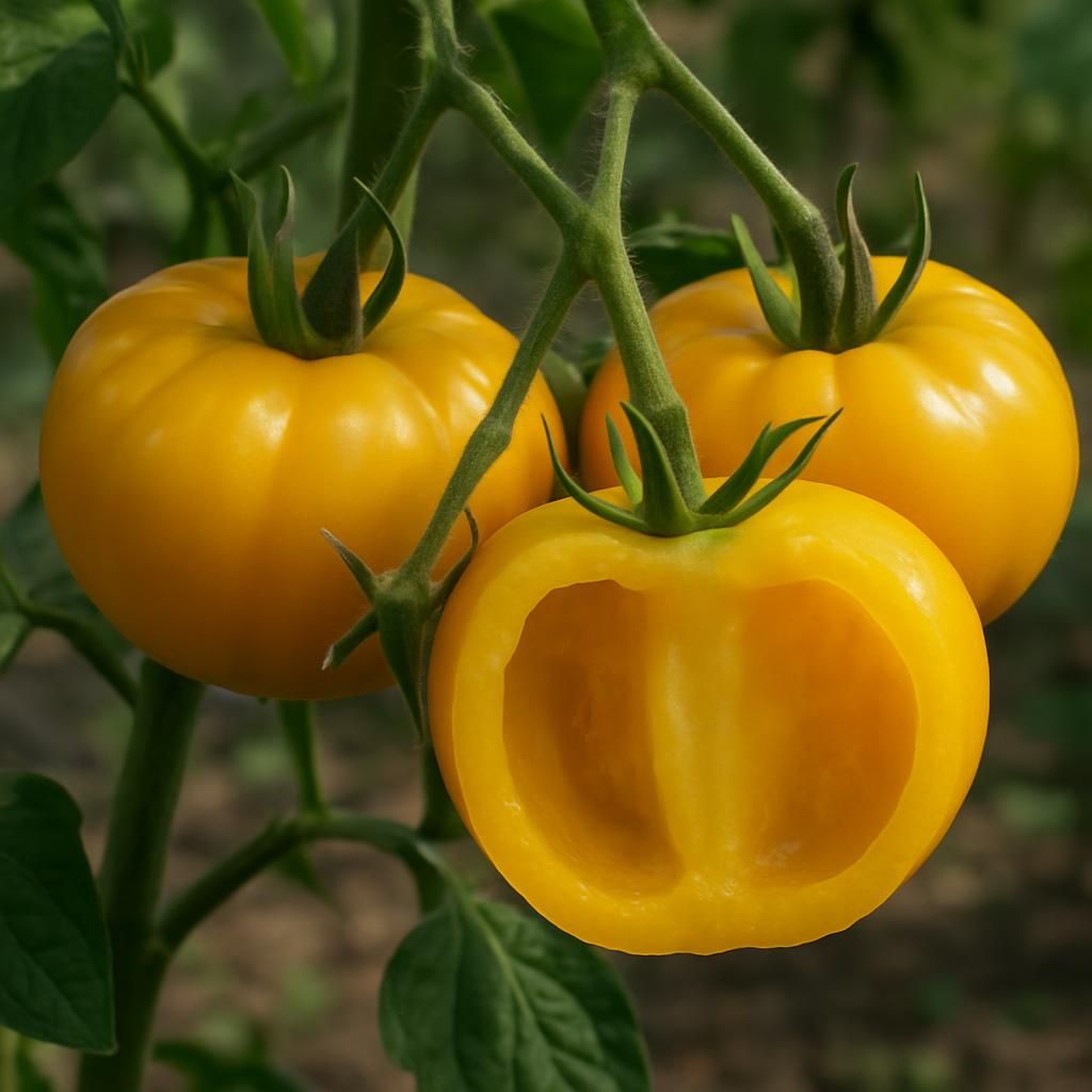 Ripe Yellow Stuffer Tomatoes growing on healthy vines in organic garden setting