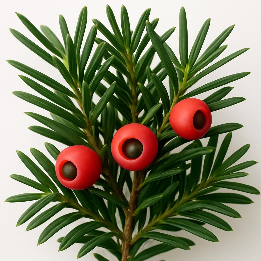 Close-up of European yew foliage showing dark green needles and red arils for professional growing guide