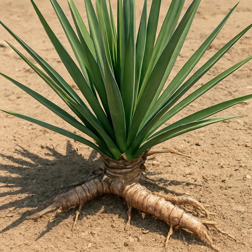 Close-up of mature yucca plant with sword leaves and rhizome in sandy soil