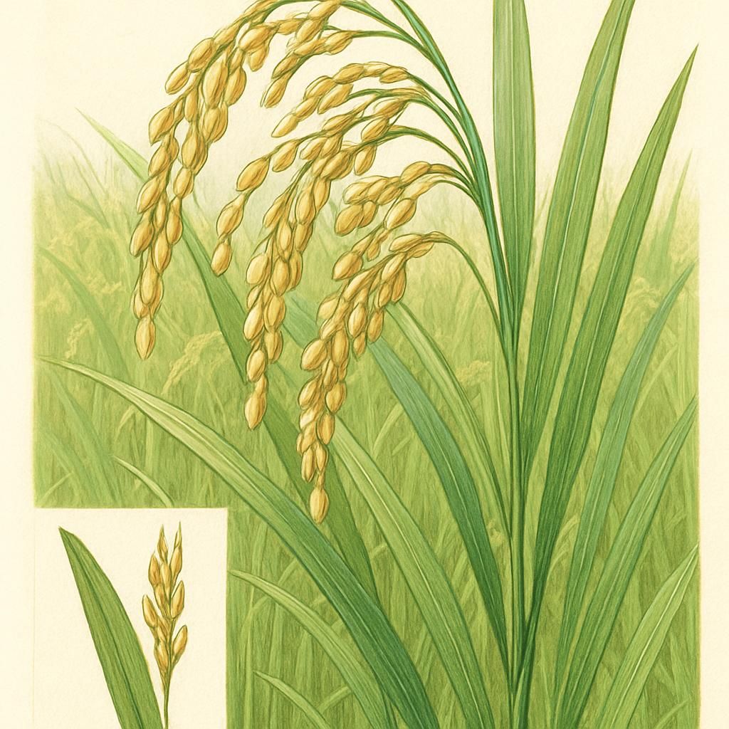 Close-up image of Yumepirika Rice in the field, showcasing its lush green leaves and glossy grains.