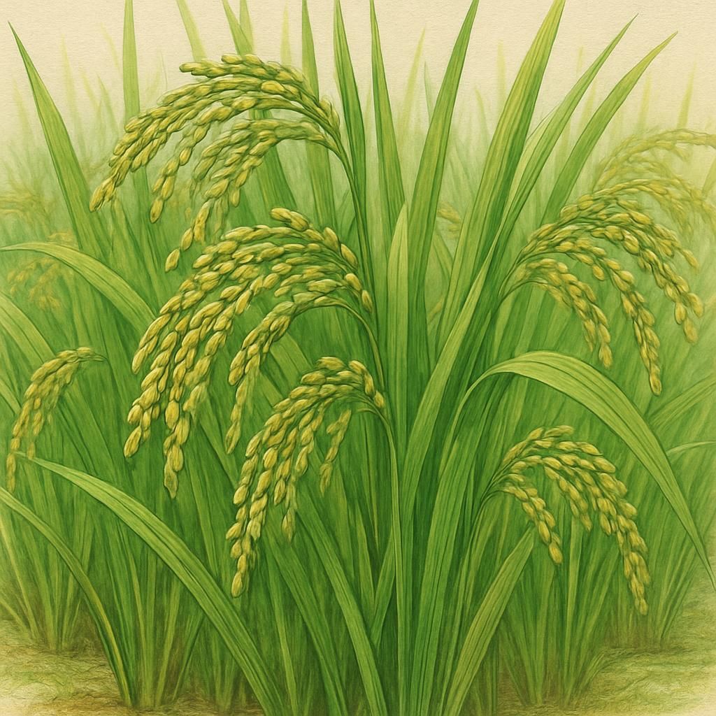 Close-up of Zenith Rice plants thriving with lush, green stems in a paddy field.