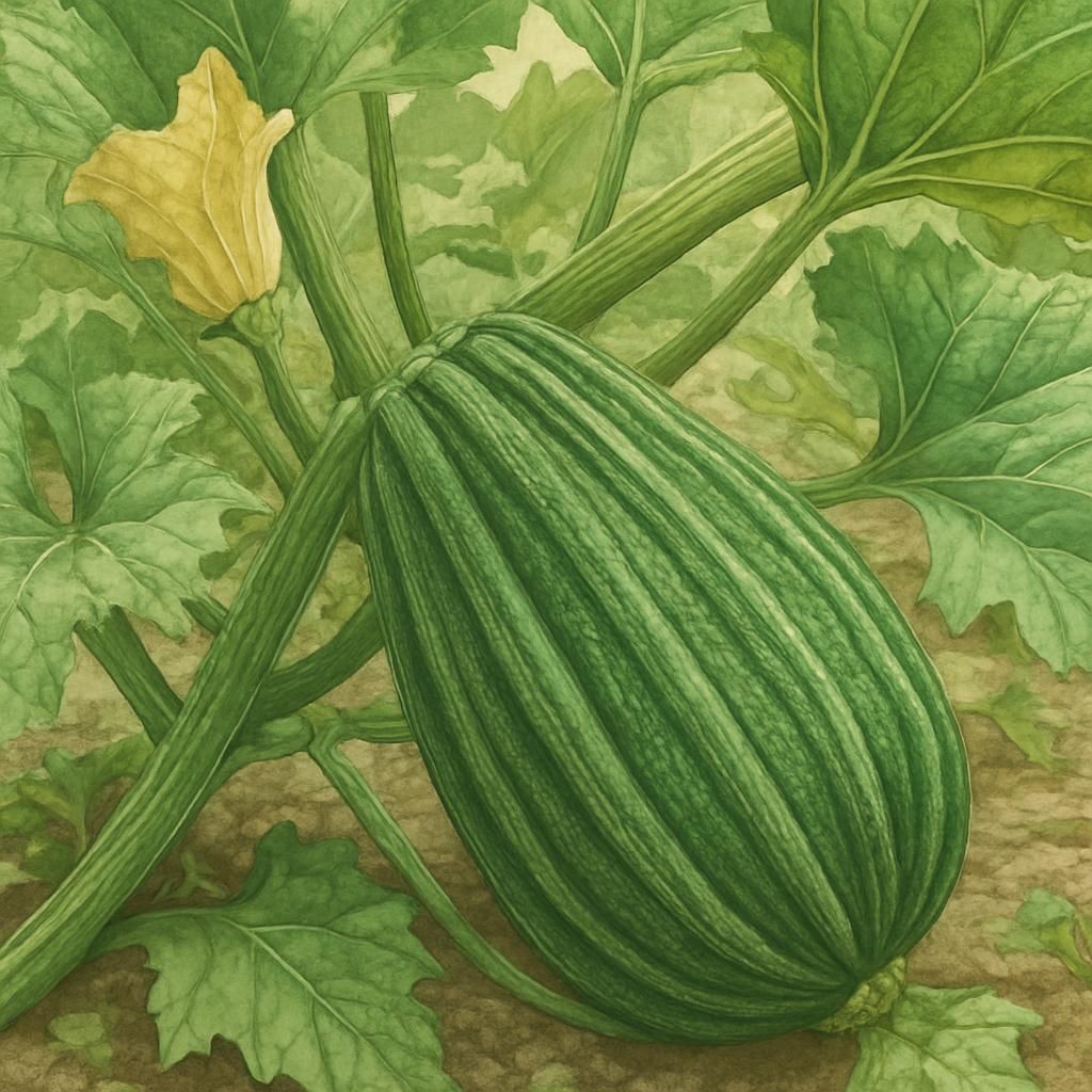 Close-up of Costata Romanesco zucchini with ribbed, vibrant green skin in a garden.