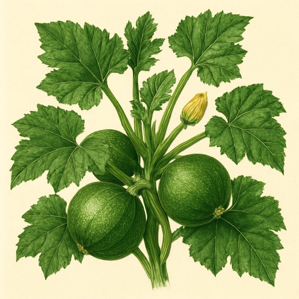 Close-up view of Zucchini (Eight Ball) with round fruit and green leaves, captured in a garden setting.
