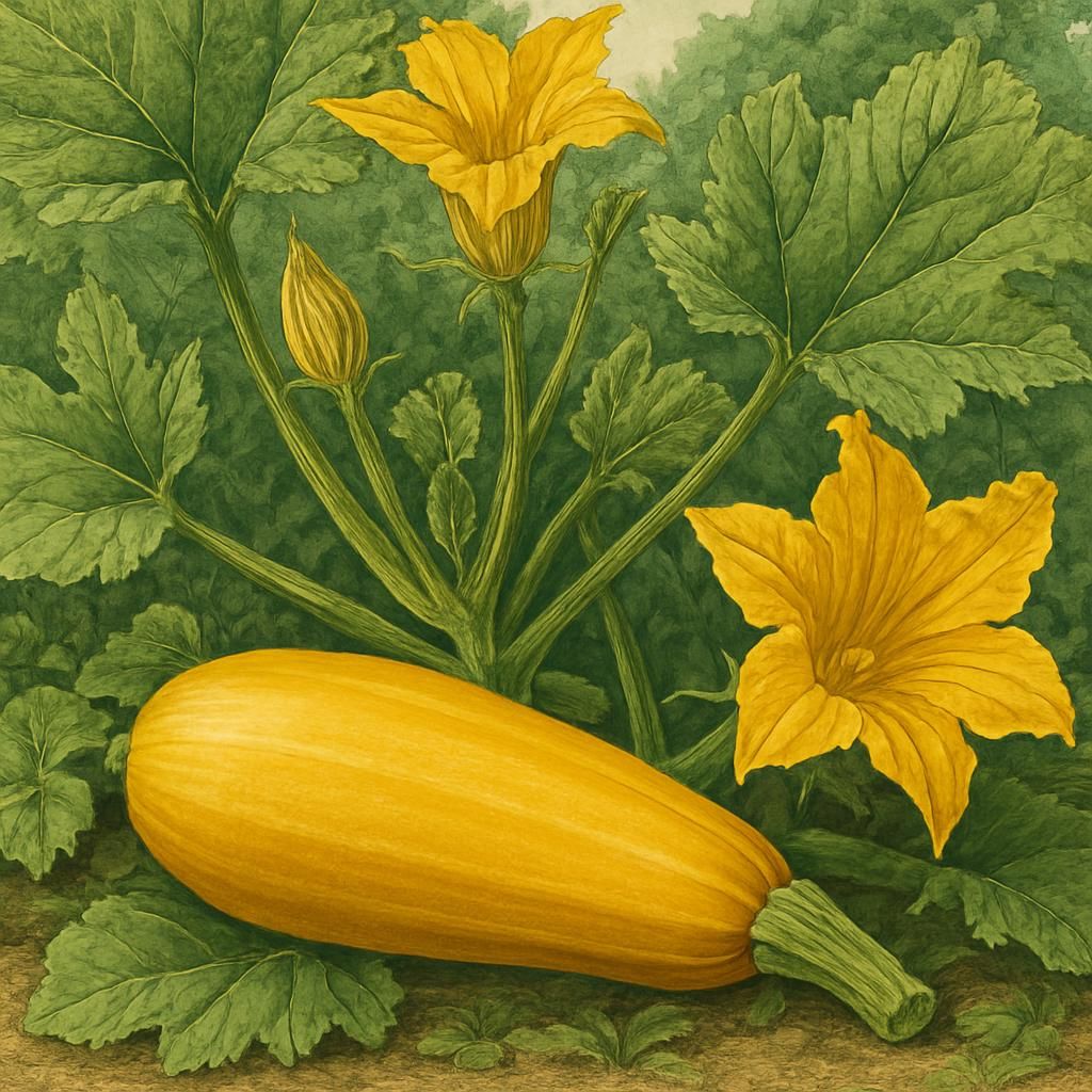 Close-up of golden zucchini (Golden Glory) plant showcasing its vibrant color and healthy leaves.