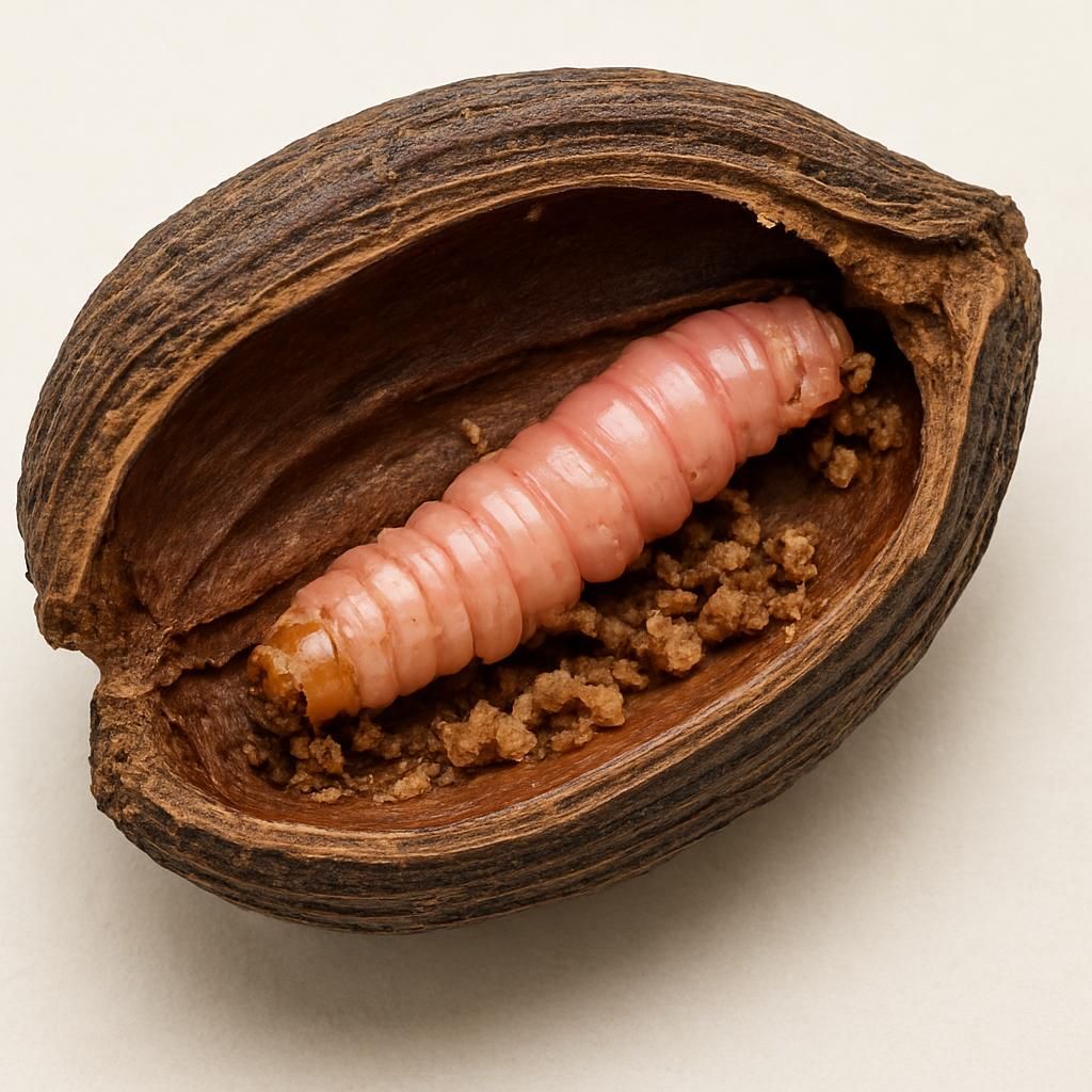 Close-up of hickory shuckworm larva damaging pecan nut shuck for pest identification guide