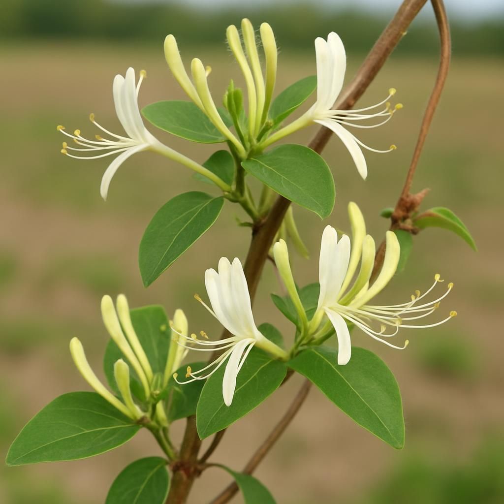 Close-up of honeysuckle vine with white-yellow flowers and twining stems on crop trellis