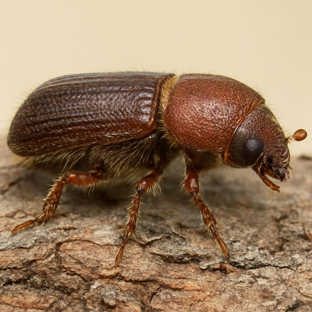 Adult Ips engraver beetle on pine bark showing characteristic rear spines and reddish-brown coloration