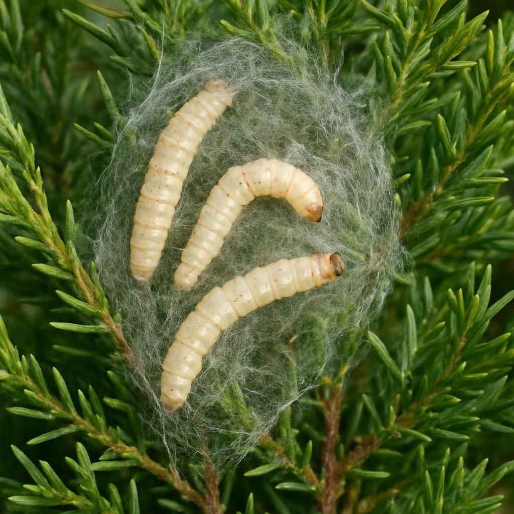 Close-up of Juniper webworm larvae and silk webbing on juniper branch showing browning damage
