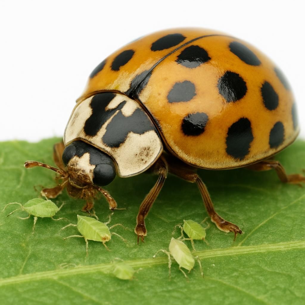 Close-up of multicolored Asian lady beetle on leaf showing typical red-orange coloration with black spots