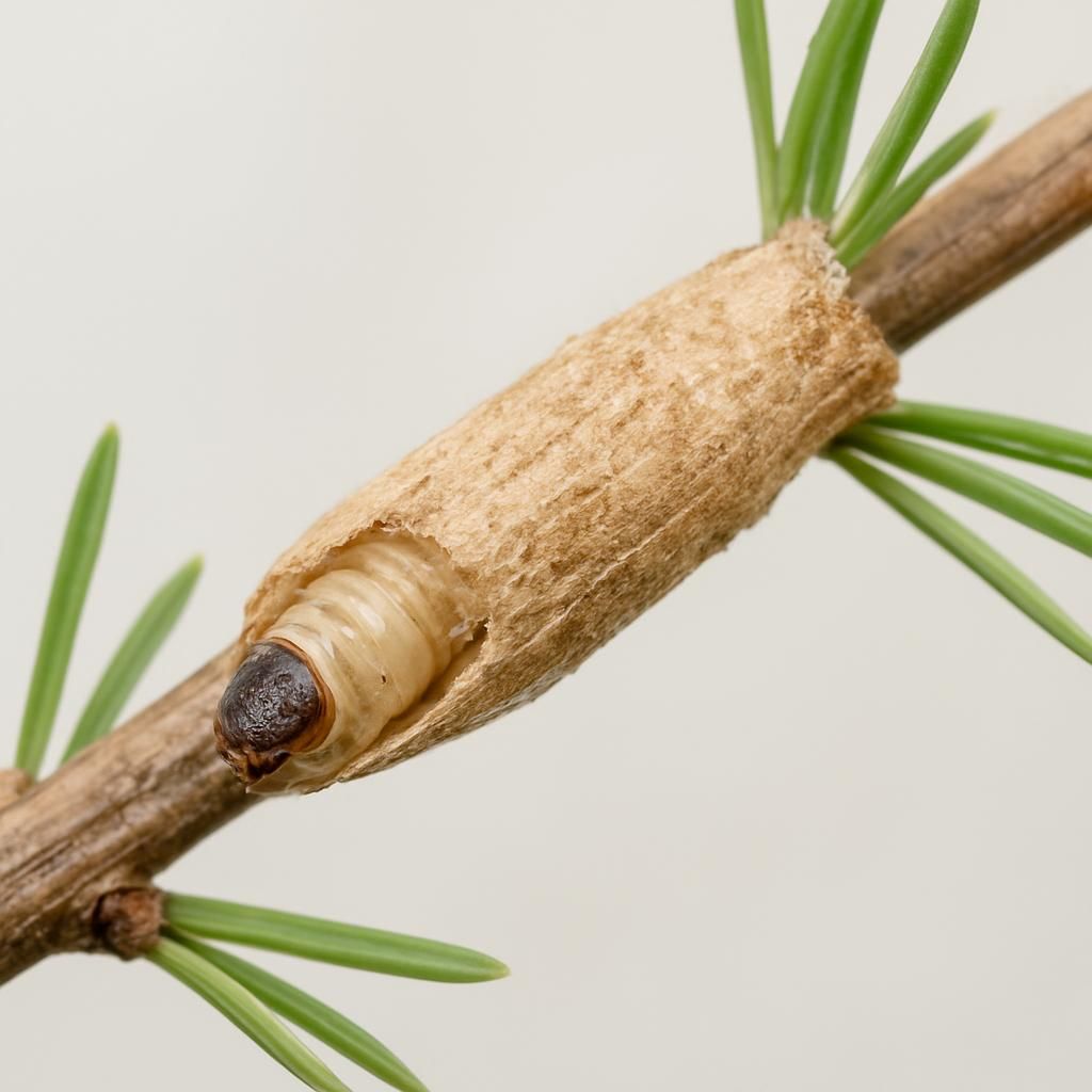 Close-up of larch casebearer larva in protective needle case on larch twig