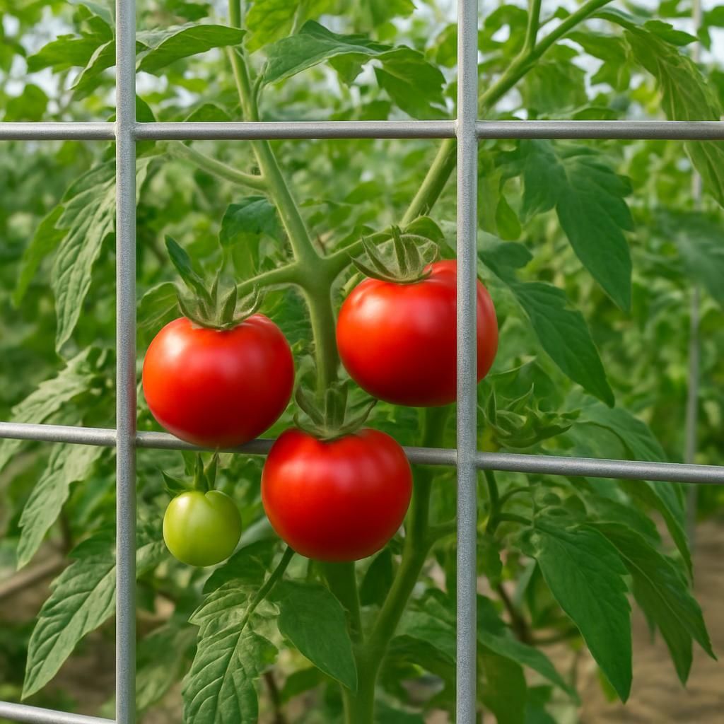 Galvanized steel lattice supporting indeterminate tomatoes in a commercial greenhouse