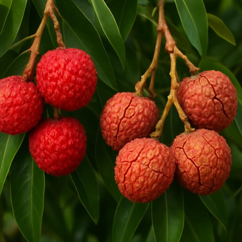 Close-up of lychee fruit clusters highlighting healthy red skin and early signs of cracking on subtropical orchard tree