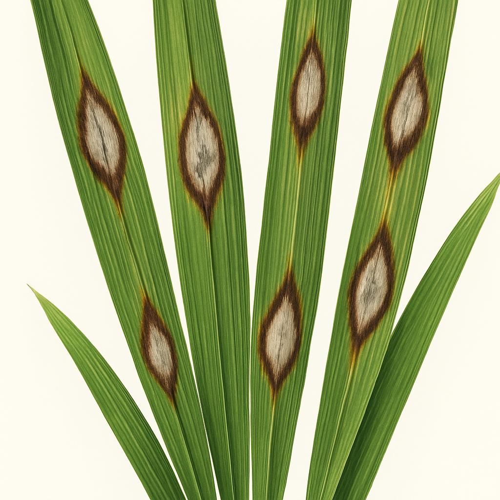 Close-up of rice blast lesions on rice leaves caused by Magnaporthe oryzae