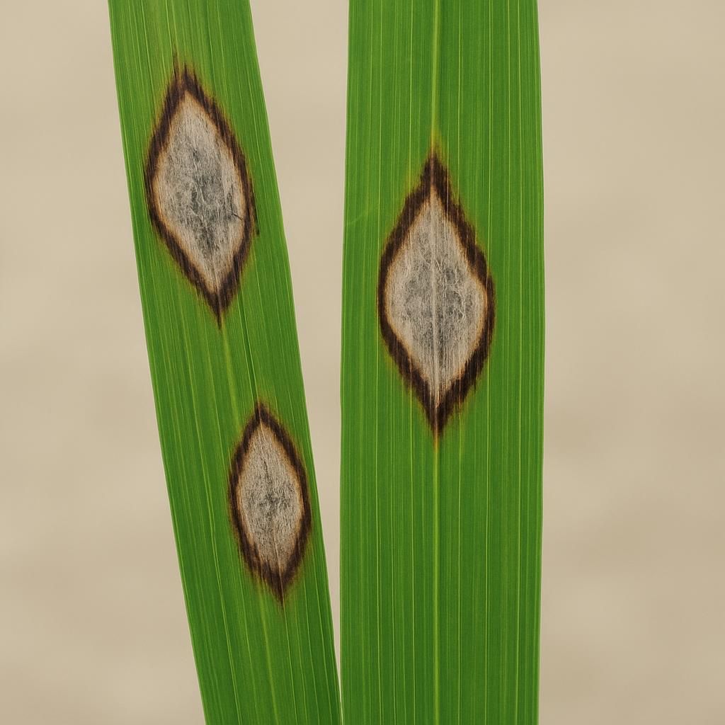 Close-up of rice blast lesions on leaves caused by Magnaporthe oryzae disease