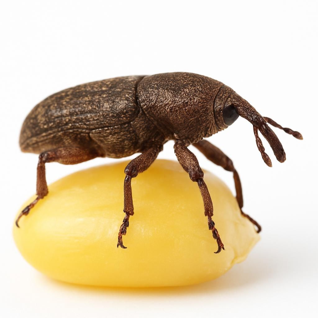 Adult maize weevil on corn kernel showing characteristic snout and exit hole damage
