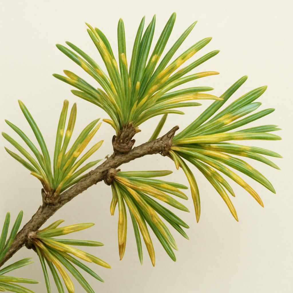 Close-up of larch needles with yellow-brown Meria laricis needle cast lesions and early defoliation