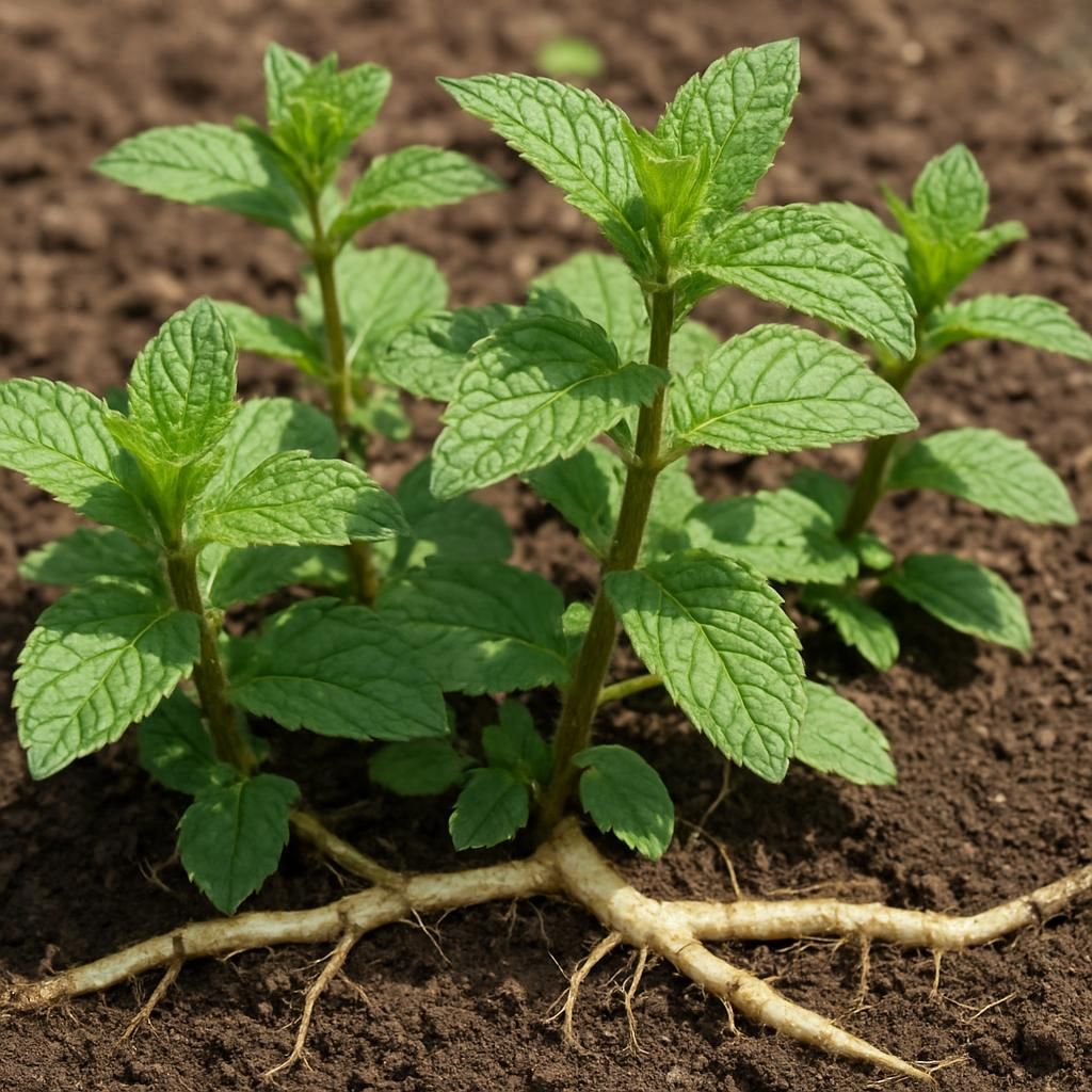 Close-up of invasive mint plant showing square stems, serrated leaves and underground rhizomes in garden soil