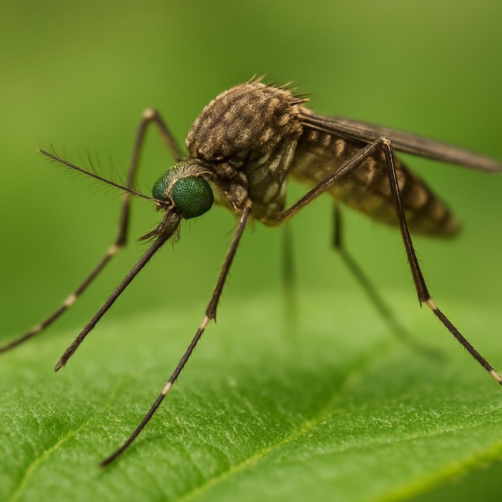 Close-up of adult female mosquito on leaf showing proboscis and scaled wings in agricultural setting