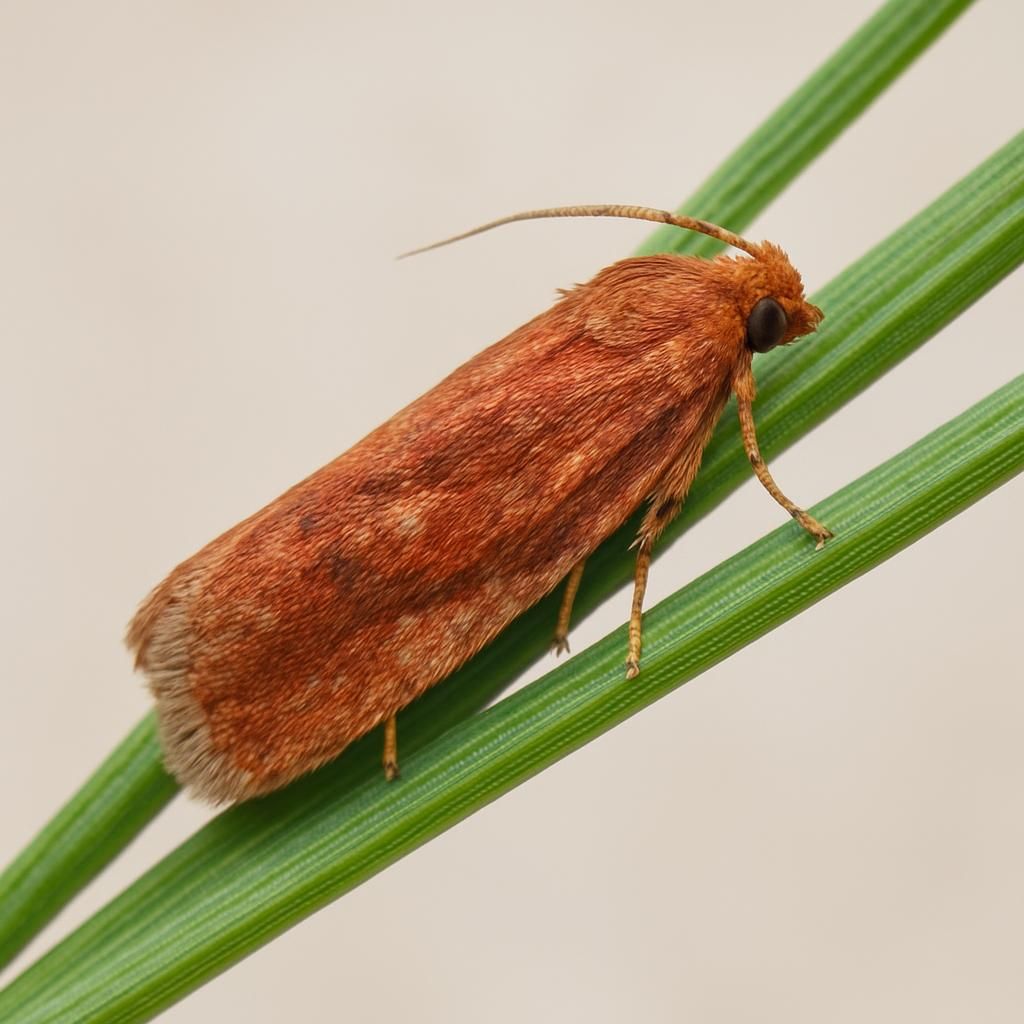 Adult Nantucket pine tip moth on pine shoot showing diagnostic wing pattern and body shape
