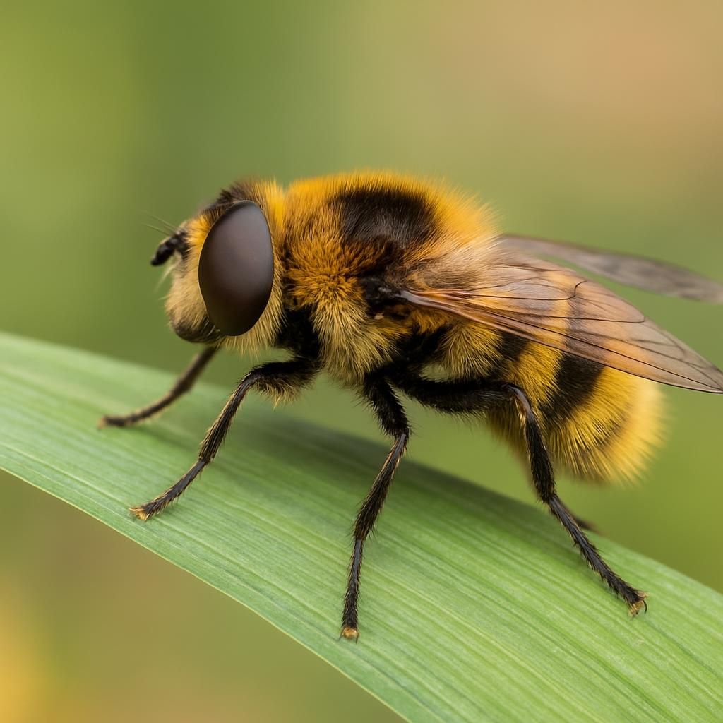 Adult Narcissus bulb fly on daffodil leaf showing yellow-black bee mimicry pattern