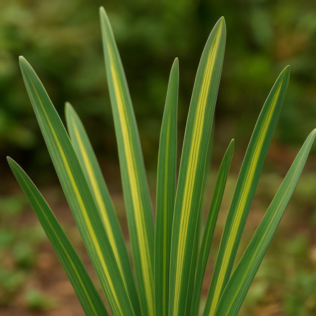 Close-up of daffodil leaves with vivid yellow stripes from Narcissus yellow stripe virus
