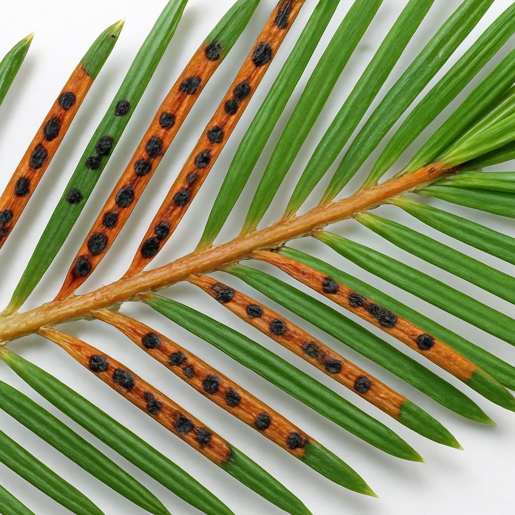 Close-up of Douglas-fir needles with reddish-brown needle cast bands and black fruiting bodies