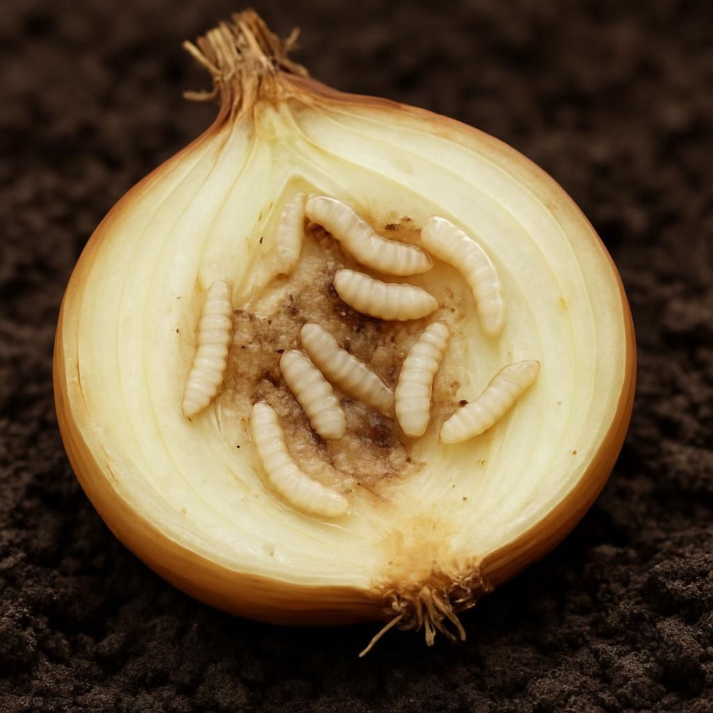 Close-up of onion maggot larvae inside damaged yellow onion bulb in soil