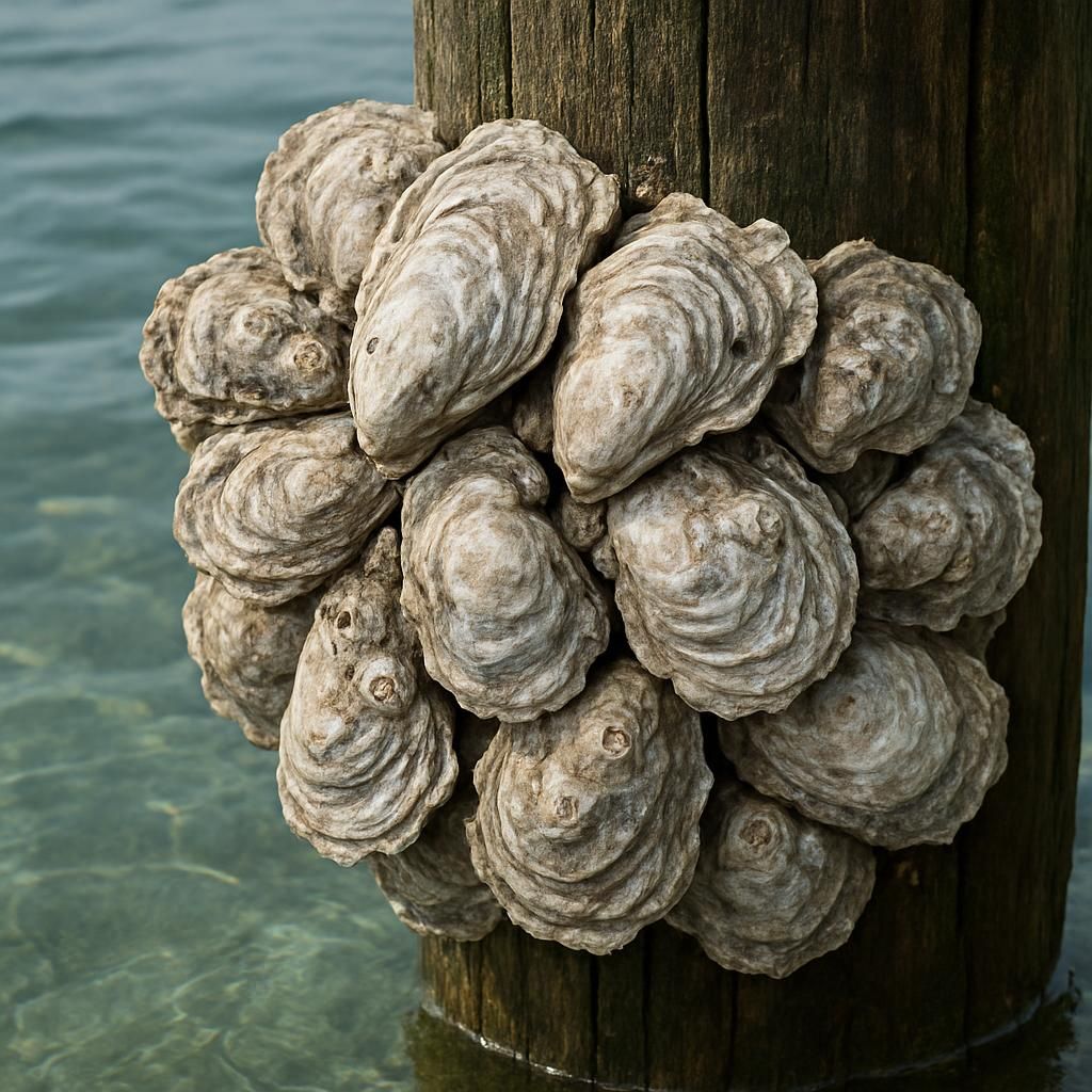Close-up of invasive Pacific oysters fouling a wooden piling near agricultural water intake