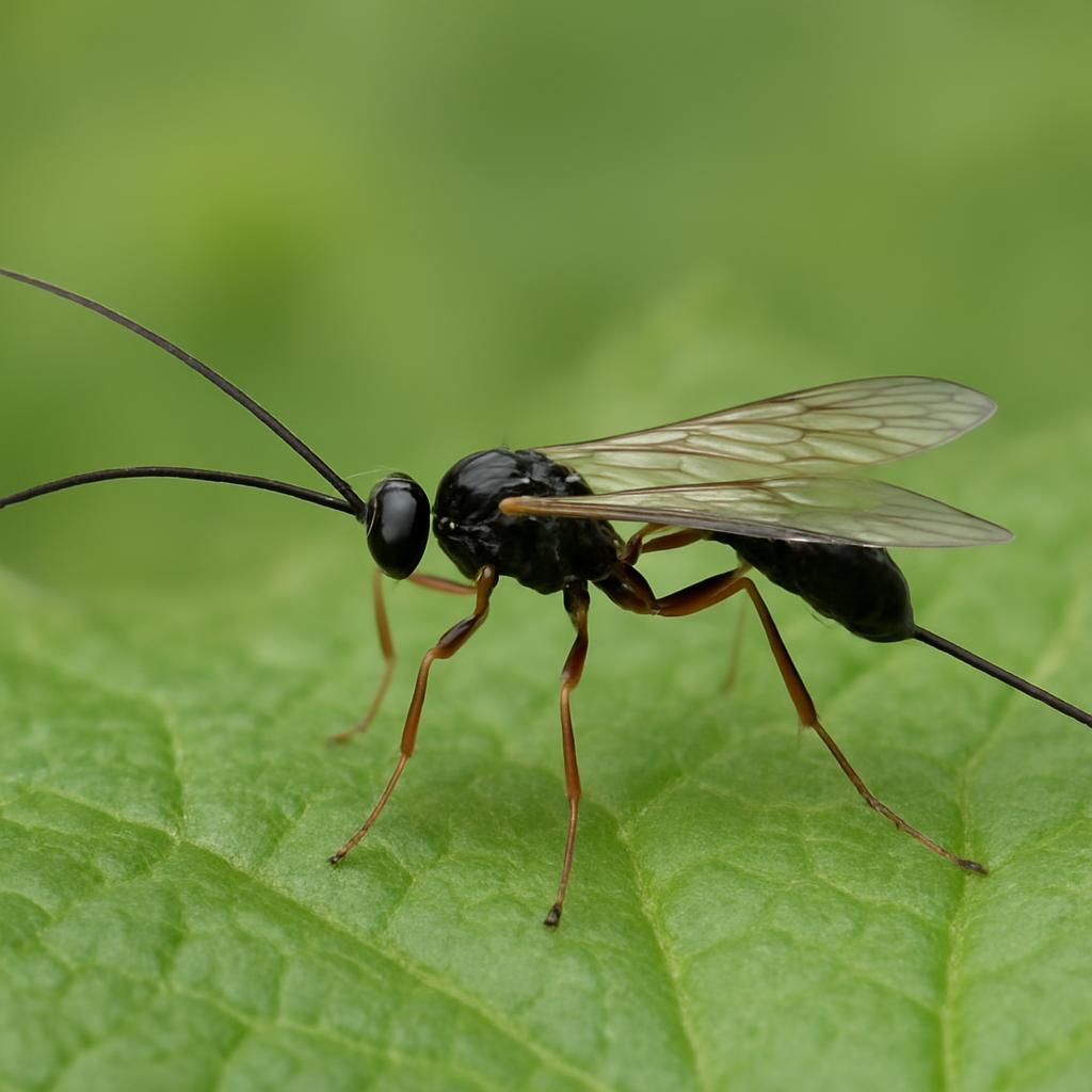 Adult parasitoid wasp on leaf showing ovipositor and transparent wings for biological control identification