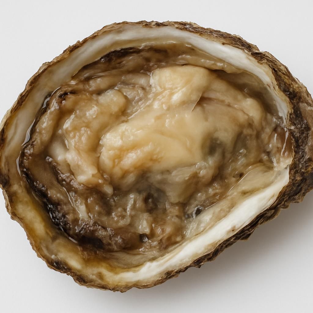 Close-up of eastern oyster with Perkinsus marinus infection showing pale tissues and damage