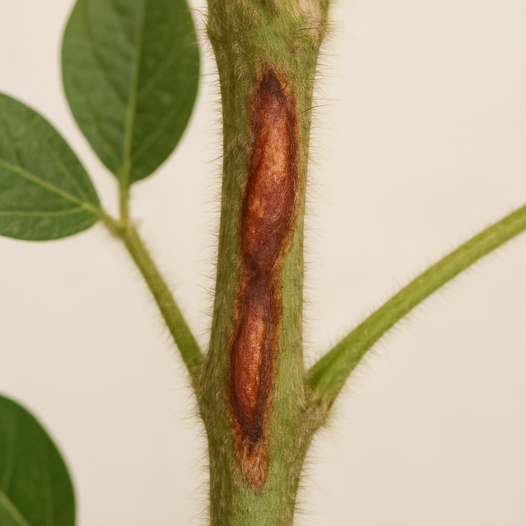 Close-up of soybean stem with reddish-brown Phomopsis stem canker lesions and internal stem discoloration