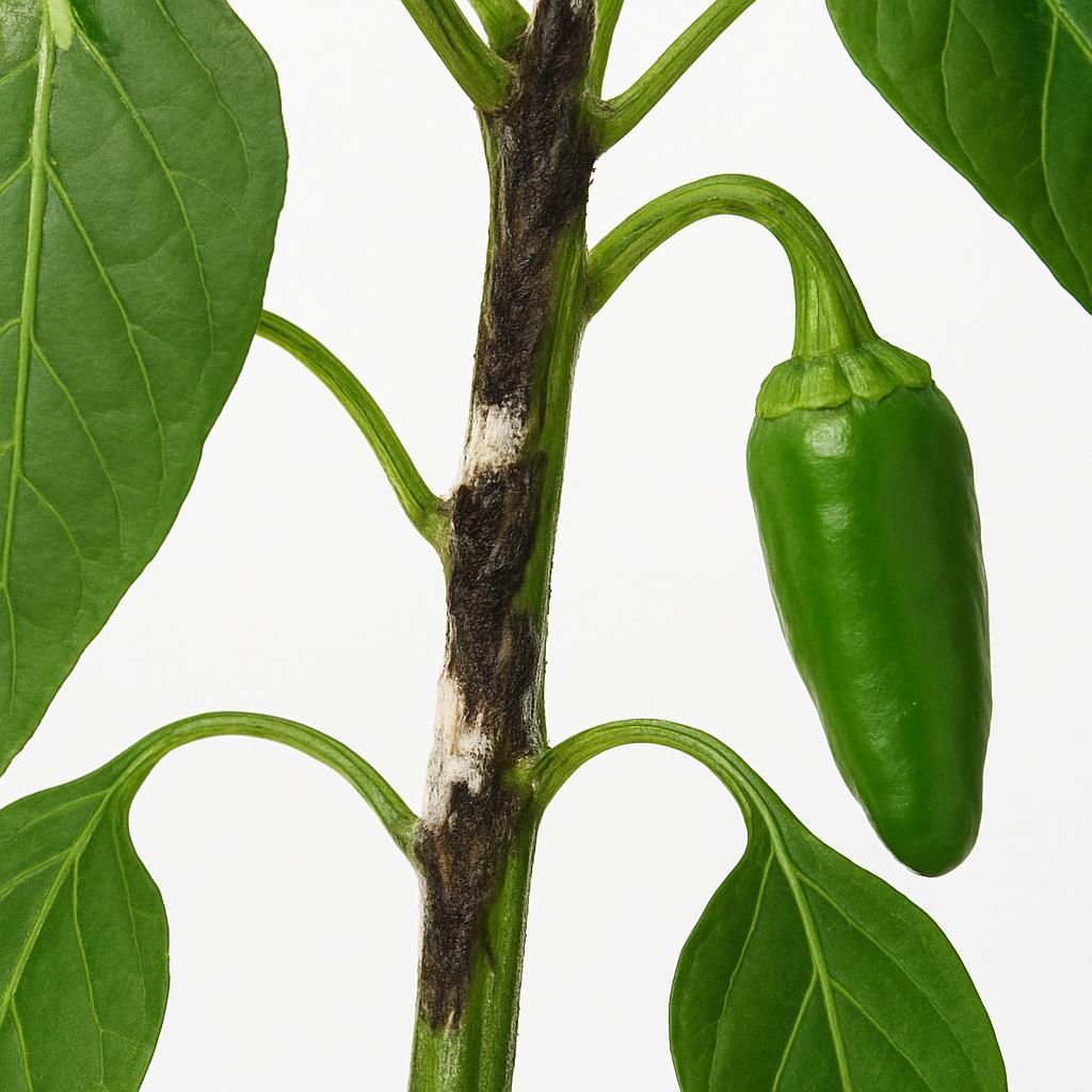 Close-up of Phytophthora blight lesions on pepper stem with white mold sporulation