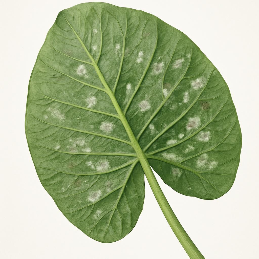 Close-up of taro leaf with Phytophthora colocasiae lesions and sporulation