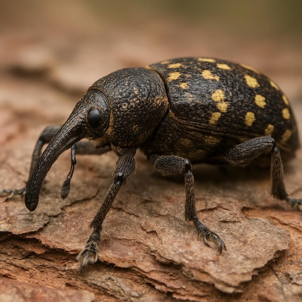 Close-up of adult pine weevil on conifer bark showing diagnostic yellow markings
