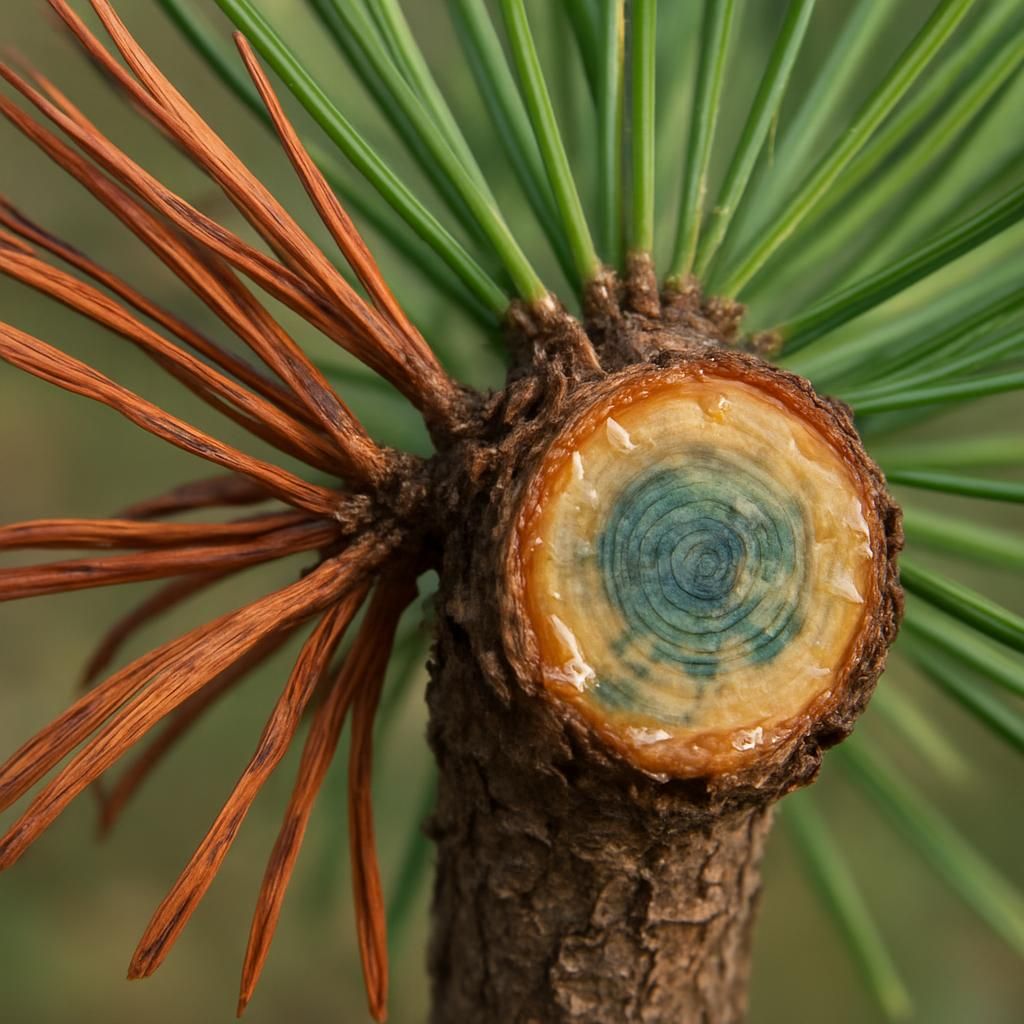 Close-up of pine wilt symptoms showing wilted reddish needles and blue-stained wood on affected pine branch