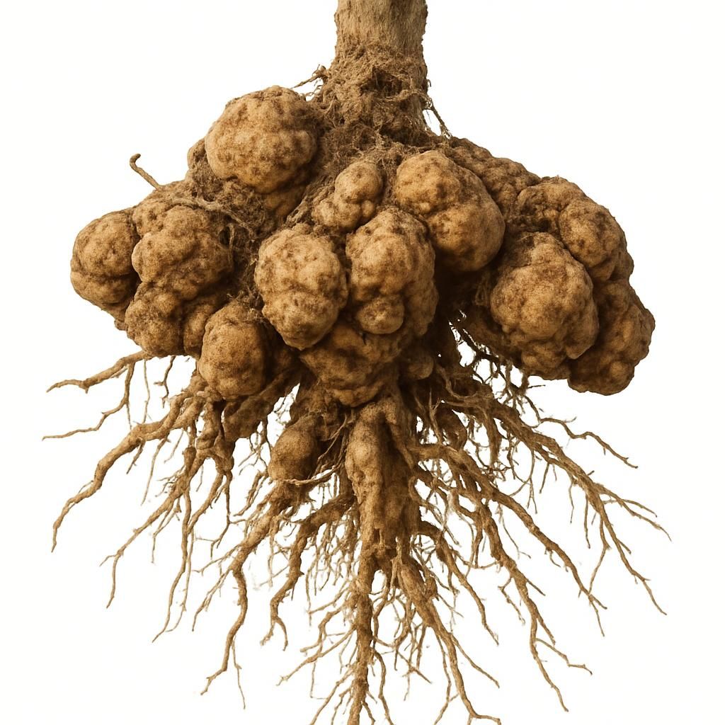 Close-up of clubroot galls on Brassica roots caused by Plasmodiophora brassicae