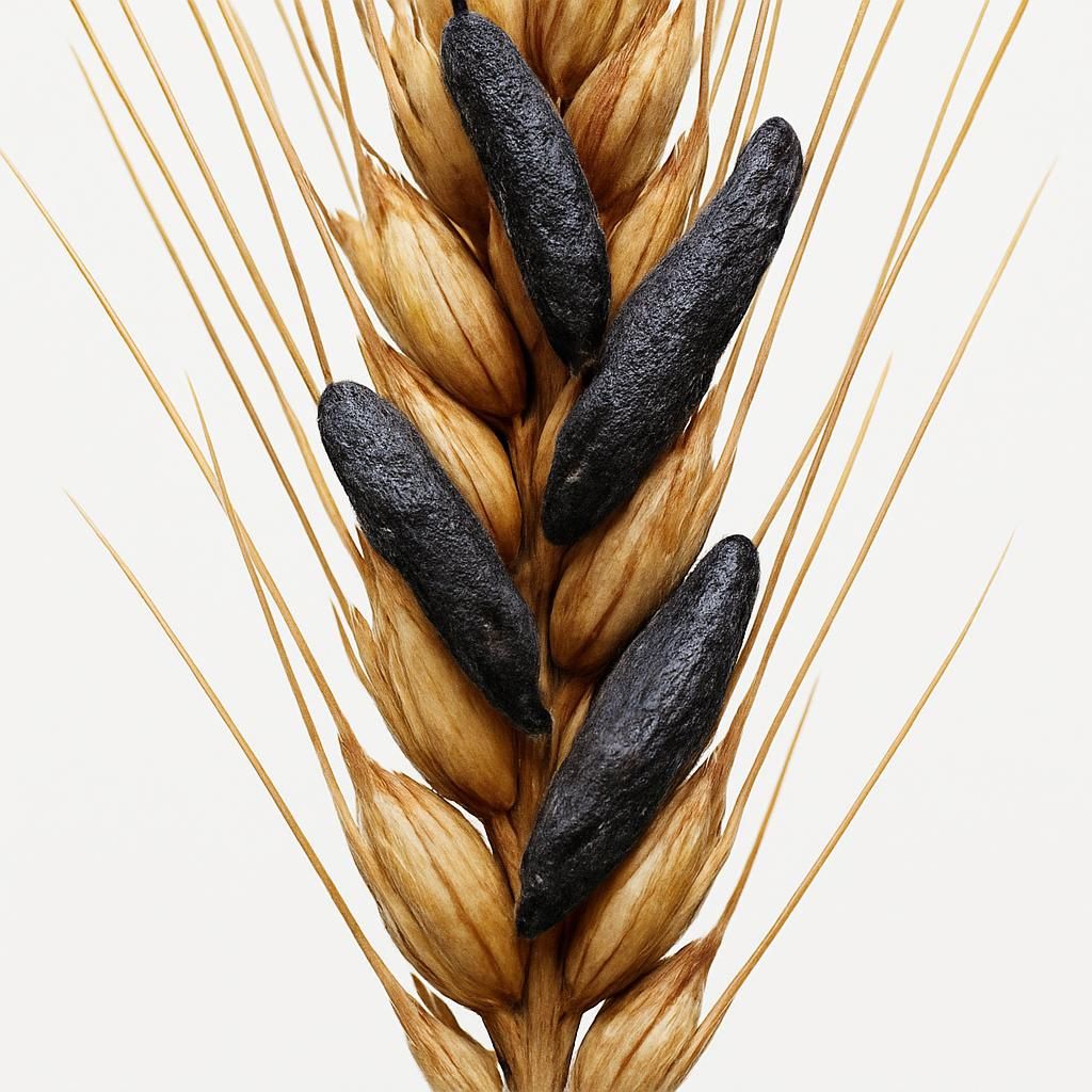 Close-up of purpurea ergot sclerotia replacing wheat kernels showing disease impact on cereal crops