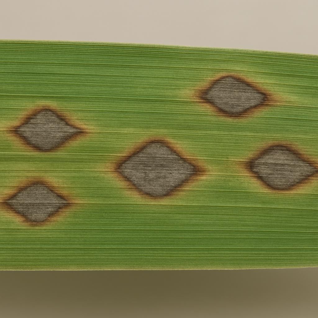 Close-up of rice leaf with gray-centered diamond lesions from Pyricularia grisea blast disease