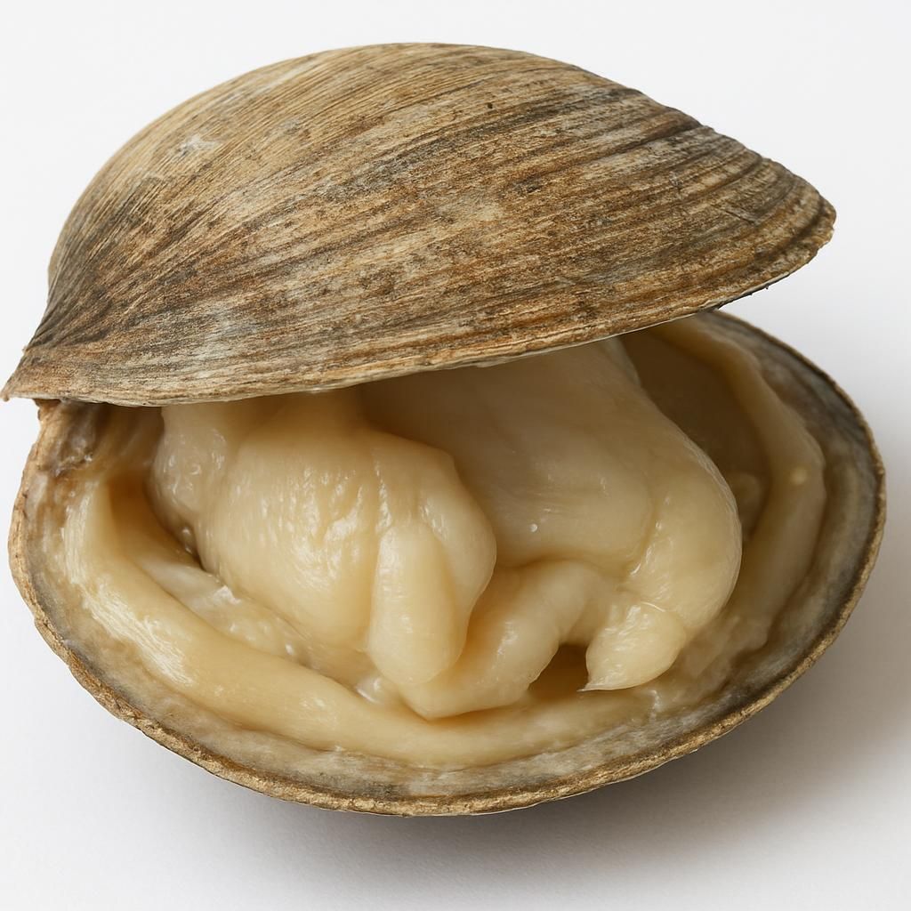 Close-up of hard clam with pale mantle and retracted siphons showing symptoms of Quahog Parasite Unknown (QPX) disease