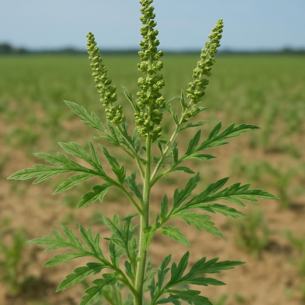 Close-up of ragweed plant with lobed leaves and flower spikes in crop field