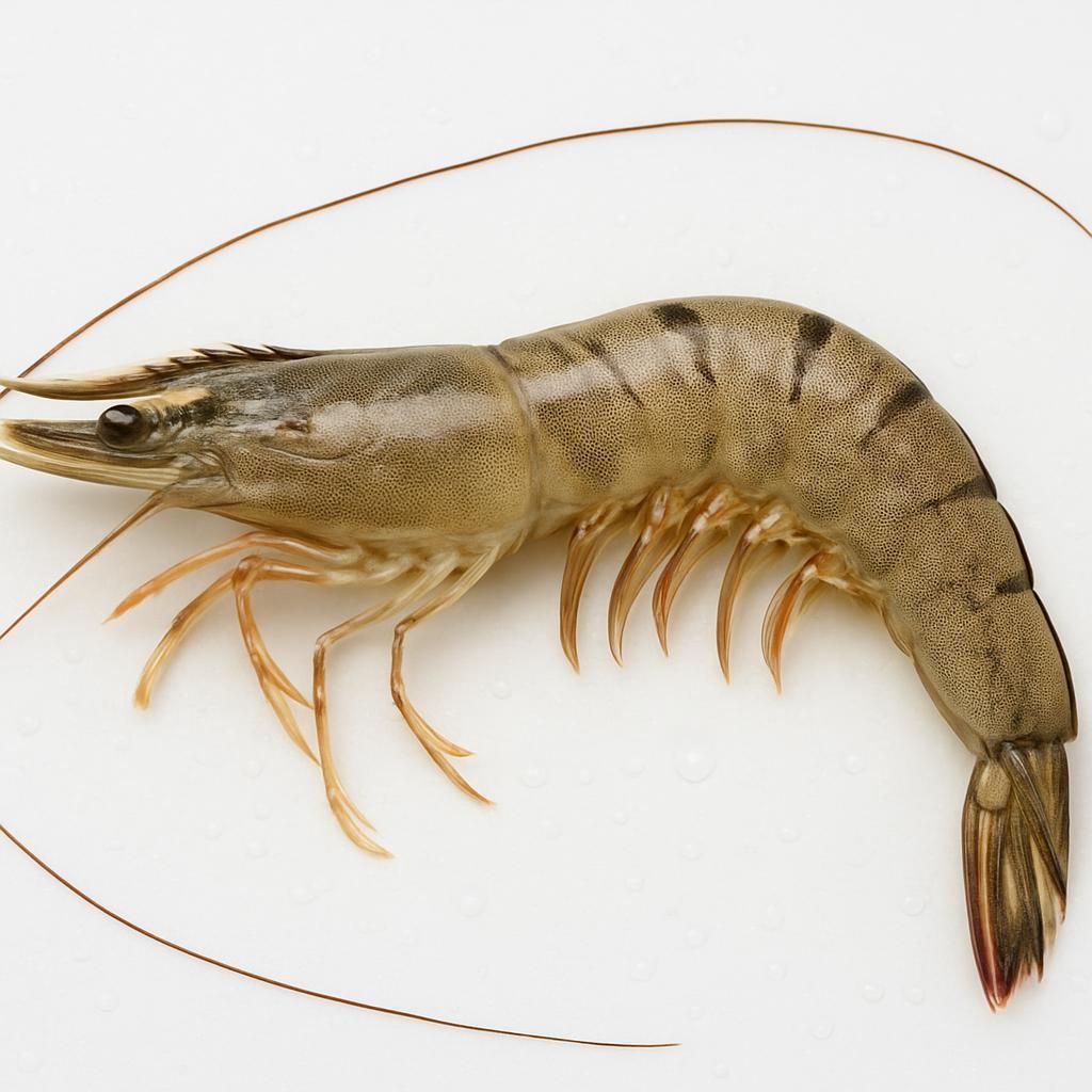 Close-up of Penaeus monodon shrimp showing segmented body and antennae for pest identification