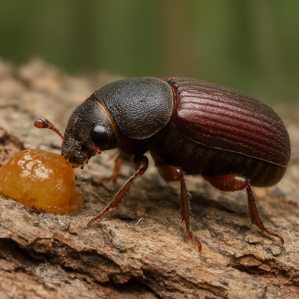 Adult Southern pine beetle on pine bark showing characteristic pitch tube and damage symptoms