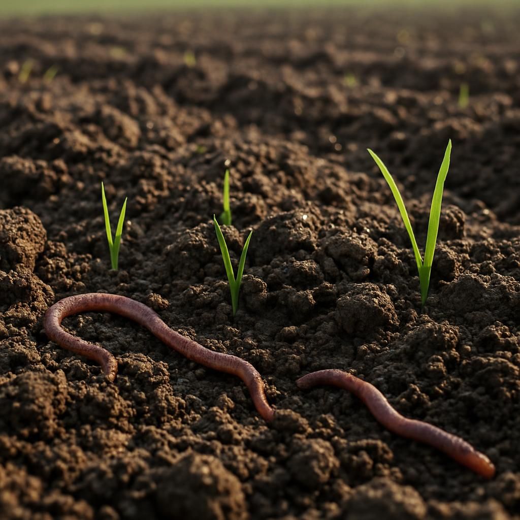 Close-up of awakening spring soil showing earthworms, moisture, and early microbial activity in a professional farm field setting