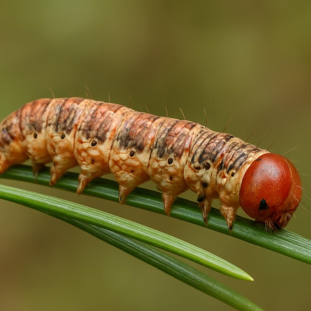 Close-up of spruce budworm larva feeding on spruce foliage for pest identification guide