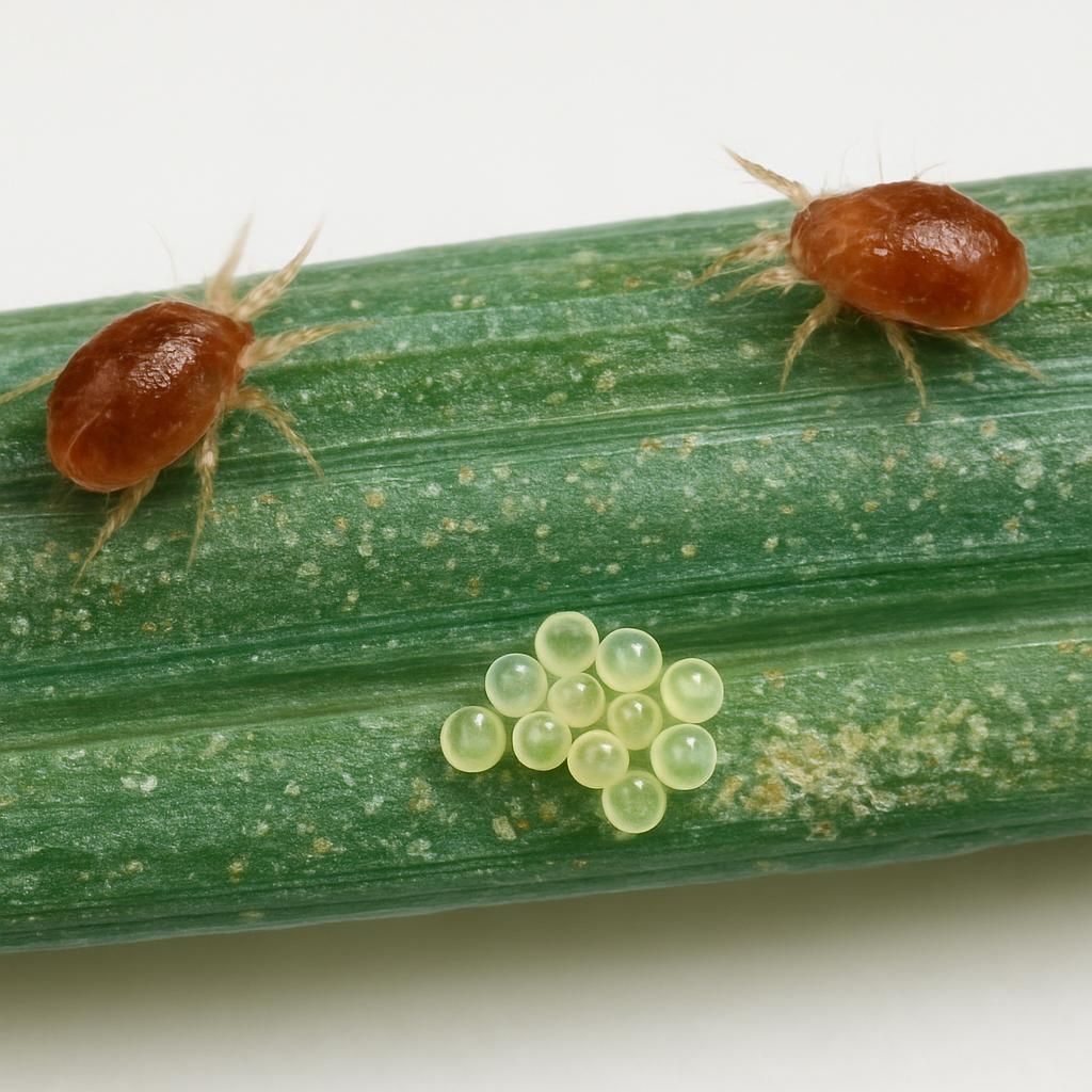 Close-up of spruce spider mite adults, eggs, and stippling damage on spruce needle for diagnostic reference