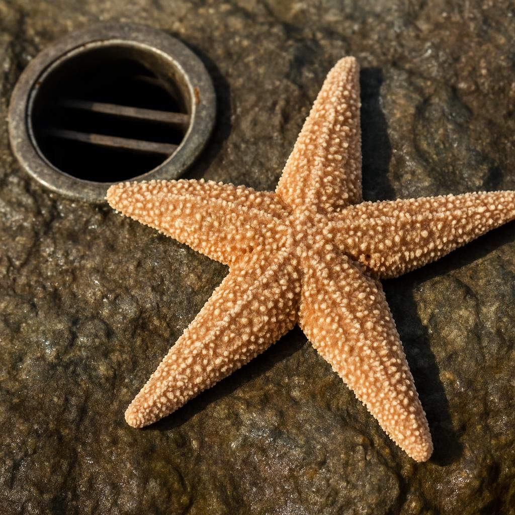 Close-up of starfish near irrigation intake showing marine pest in coastal agricultural setting