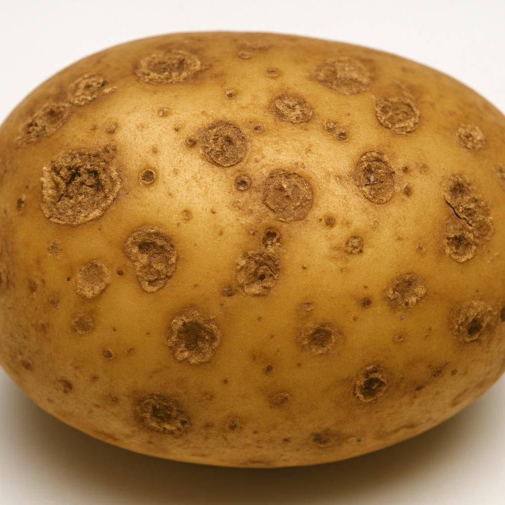 Close-up of potato tuber with corky pitted lesions from Streptomyces soil rot disease
